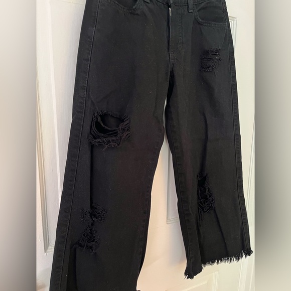 Siwy Black Distressed Jeans Cropped with Raw Hem Wide Leg Size 23 Black Jeans - Picture 3 of 8